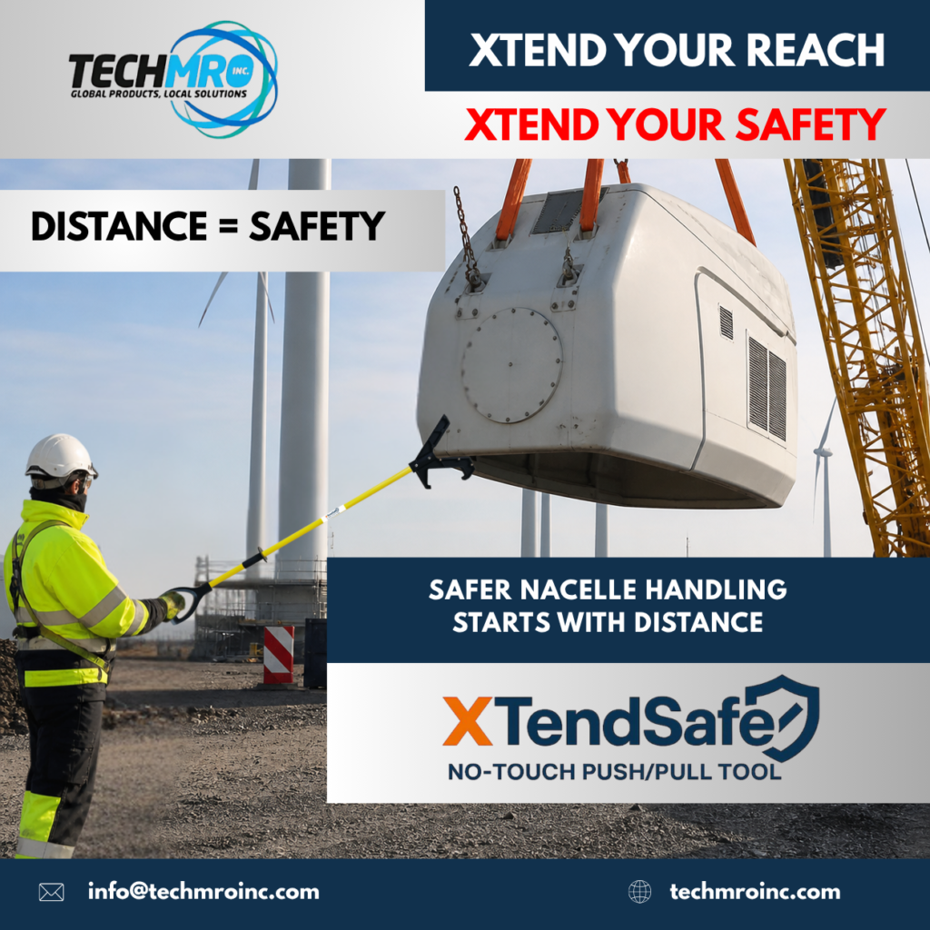 Wind turbine nacelle being positioned using distance-based push pull tool for safer lifting control